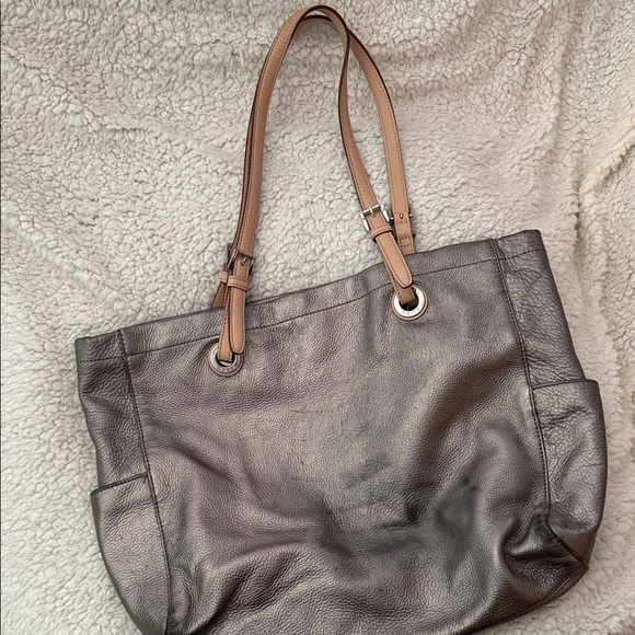 Michael Kors Metallic Gray Tote with Tan Straps - Picture 2 of 3